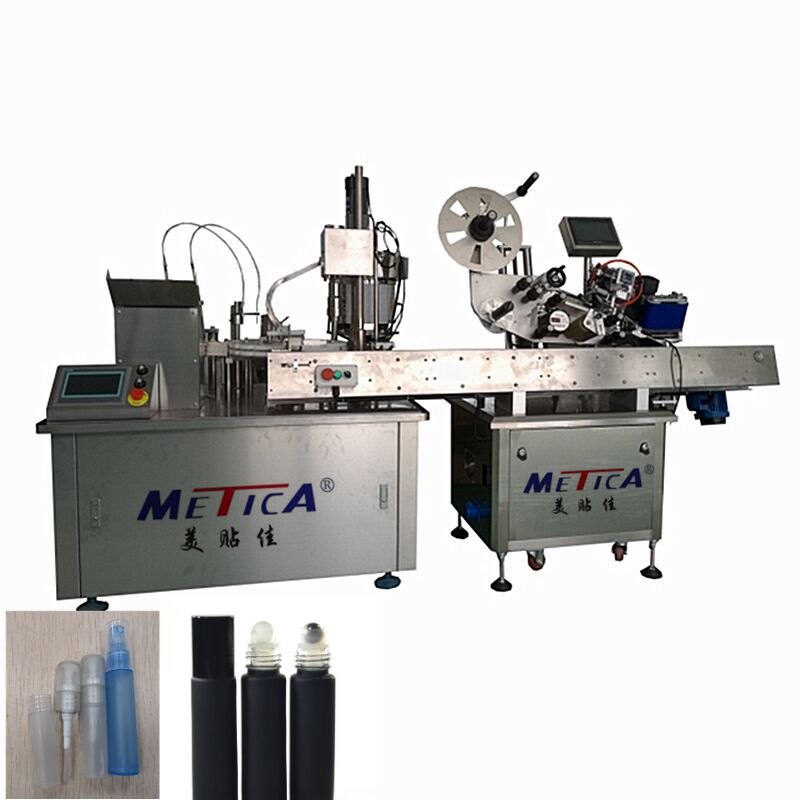 Macchina automatica di riempimento di bottiglie a rotolo a sfera con tappo di chiusura e di etichettatura per oli essenziali