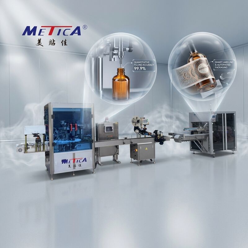 Linea di riempimento, tappatura e etichettatura automatica per profumi entry-level 1200-1800BPH 2 pompe a ingranaggi singola tappatura