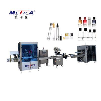Linea di riempimento, tappatura e etichettatura automatica per profumi entry-level 1200-1800BPH 2 pompe a ingranaggi singola tappatura